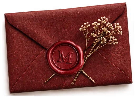 The Edition 01 envelope: burgundy, sealed with a red M