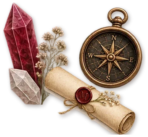 Crystals, a brass compass and a sealed scroll