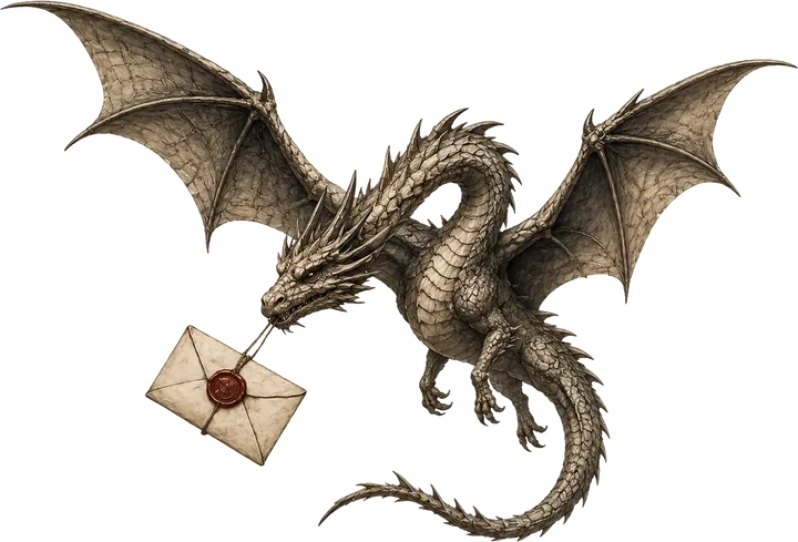 A dragon in flight carrying a letter sealed with red wax