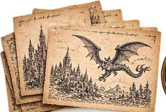 Postcards drawn with castles and a dragon