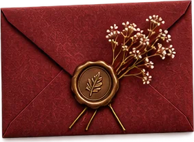 A burgundy envelope sealed with gold wax