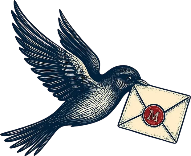 A messenger bird carrying a letter sealed with a red M
